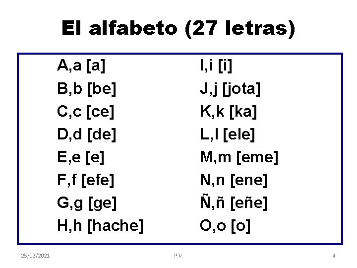 El alfabeto (27 letras) A, a [a] B, b [be] C, c [ce] D,