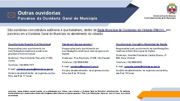 Outras ouvidorias Ouvidoria Geral do Município Parceiras da Ouvidoria Geral do Município Controladoria Geral