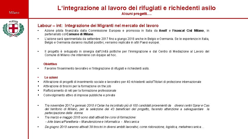 L‘integrazione al lavoro dei rifugiati e richiedenti asilo Milano Alcuni progetti…. Labour – int: