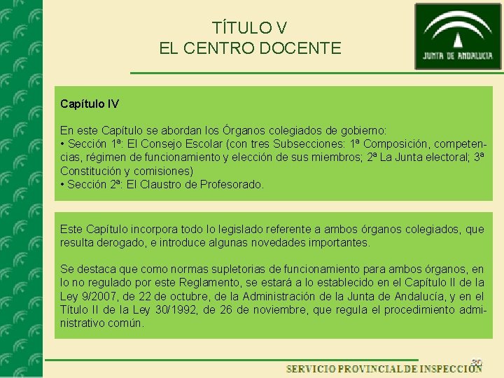 TÍTULO V EL CENTRO DOCENTE Capítulo IV En este Capítulo se abordan los Órganos TÍTULO V EL CENTRO DOCENTE Capítulo IV En este Capítulo se abordan los Órganos