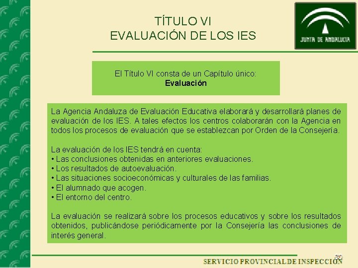 TÍTULO VI EVALUACIÓN DE LOS IES El Título VI consta de un Capítulo único: TÍTULO VI EVALUACIÓN DE LOS IES El Título VI consta de un Capítulo único: