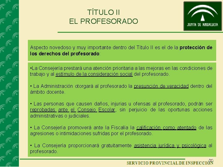 TÍTULO II EL PROFESORADO Aspecto novedoso y muy importante dentro del Título II es TÍTULO II EL PROFESORADO Aspecto novedoso y muy importante dentro del Título II es