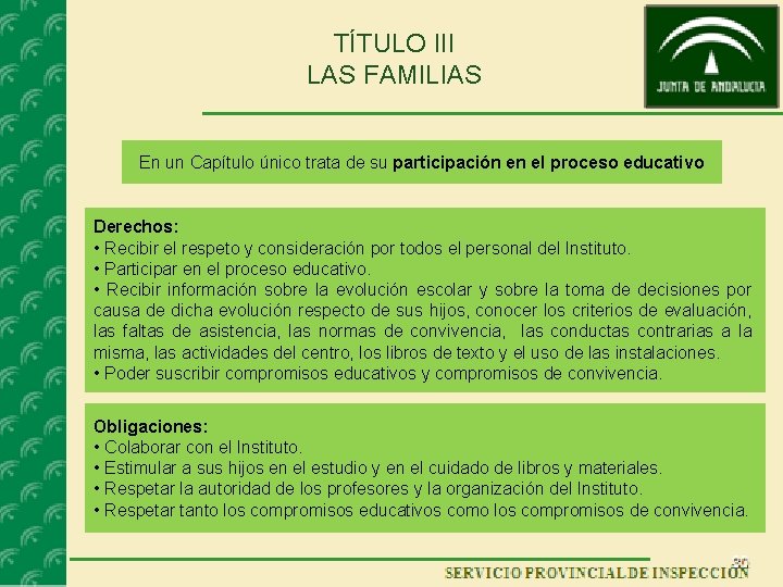 TÍTULO III LAS FAMILIAS En un Capítulo único trata de su participación en el TÍTULO III LAS FAMILIAS En un Capítulo único trata de su participación en el