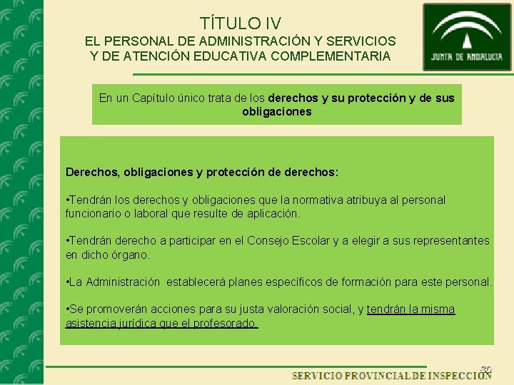 TÍTULO IV EL PERSONAL DE ADMINISTRACIÓN Y SERVICIOS Y DE ATENCIÓN EDUCATIVA COMPLEMENTARIA En TÍTULO IV EL PERSONAL DE ADMINISTRACIÓN Y SERVICIOS Y DE ATENCIÓN EDUCATIVA COMPLEMENTARIA En