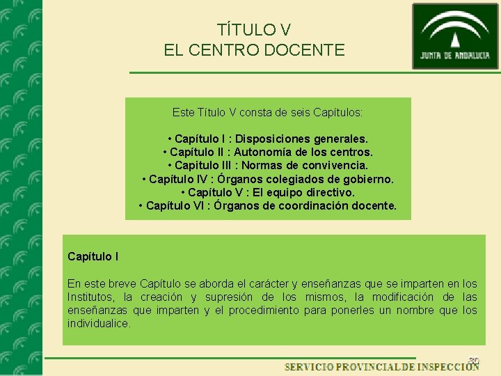TÍTULO V EL CENTRO DOCENTE Este Título V consta de seis Capítulos: • Capítulo TÍTULO V EL CENTRO DOCENTE Este Título V consta de seis Capítulos: • Capítulo