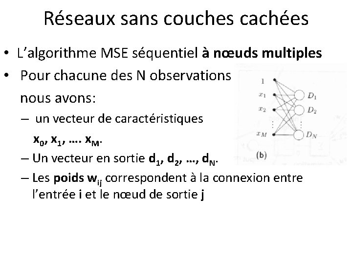 Réseaux sans couches cachées • L’algorithme MSE séquentiel à nœuds multiples • Pour chacune