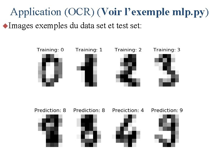 Application (OCR) (Voir l’exemple mlp. py) u. Images exemples du data set et test