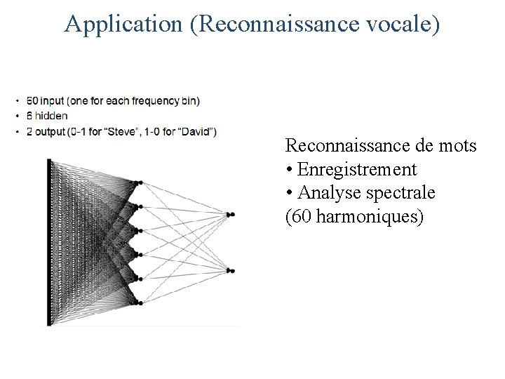 Application (Reconnaissance vocale) Reconnaissance de mots • Enregistrement • Analyse spectrale (60 harmoniques) 