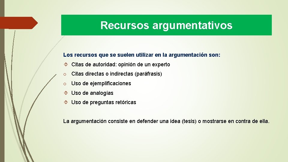 Recursos argumentativos Los recursos que se suelen utilizar en la argumentación son: Citas de