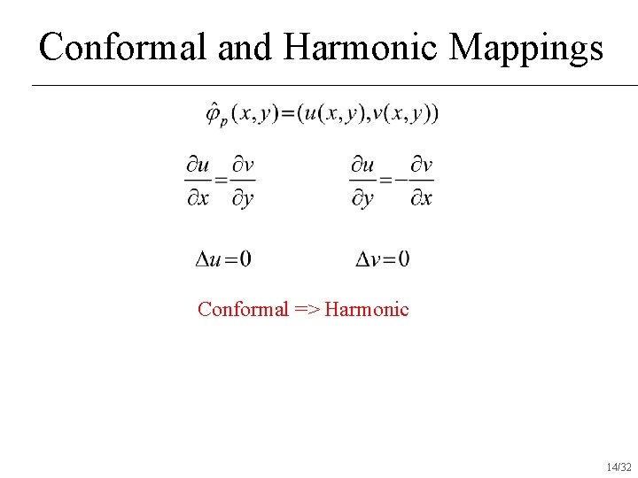 Conformal and Harmonic Mappings Conformal => Harmonic 14/32 