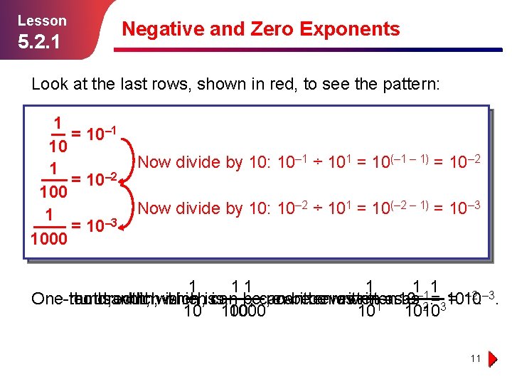 Lesson 5. 2. 1 Negative and Zero Exponents Look at the last rows, shown
