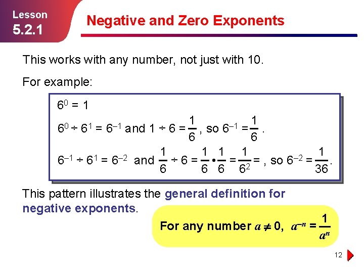 Lesson Negative and Zero Exponents 5. 2. 1 This works with any number, not