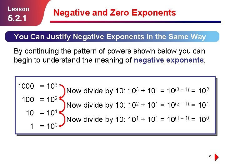 Lesson 5. 2. 1 Negative and Zero Exponents You Can Justify Negative Exponents in