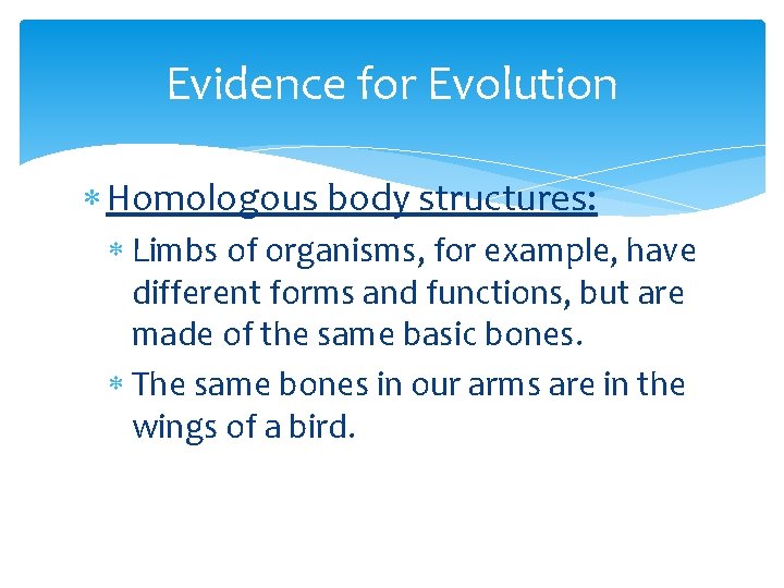 Evidence for Evolution Homologous body structures: Limbs of organisms, for example, have different forms