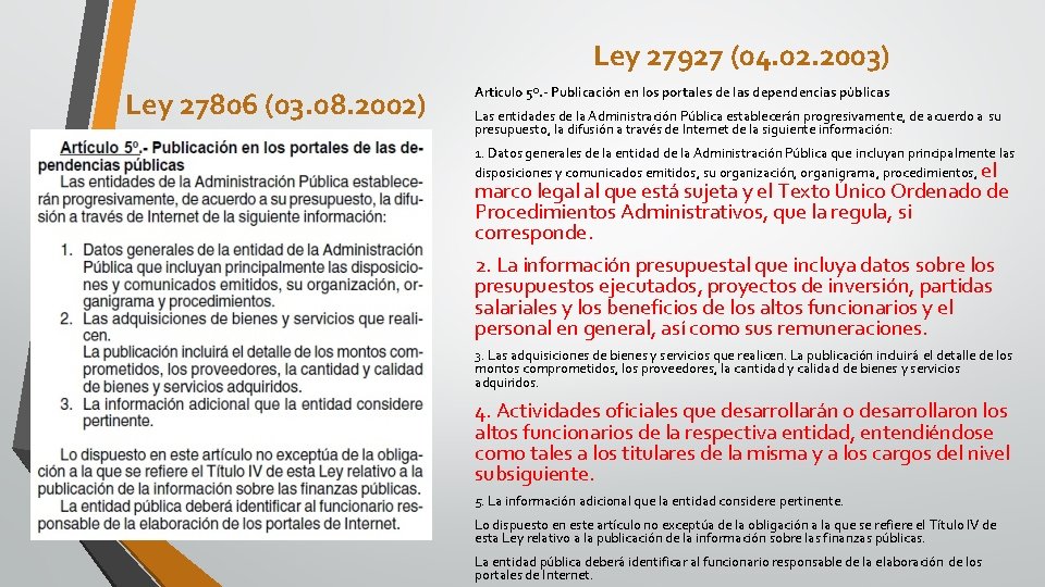 Ley 27927 (04. 02. 2003) Ley 27806 (03. 08. 2002) Artículo 5º. - Publicación