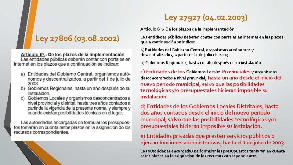 Ley 27927 (04. 02. 2003) Artículo 6º. - De los plazos de la implementación