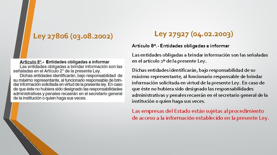 Ley 27806 (03. 08. 2002) Ley 27927 (04. 02. 2003) Artículo 8º. - Entidades