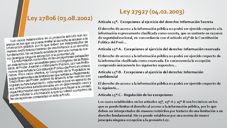 Ley 27806 (03. 08. 2002) Ley 27927 (04. 02. 2003) Artículo 15º. - Excepciones