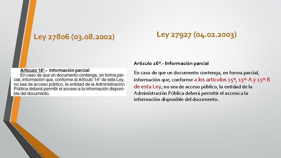 Ley 27806 (03. 08. 2002) Ley 27927 (04. 02. 2003) Artículo 16º. - Información