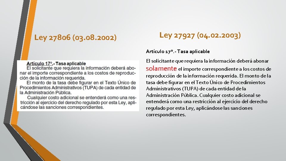 Ley 27806 (03. 08. 2002) Ley 27927 (04. 02. 2003) Artículo 17º. - Tasa