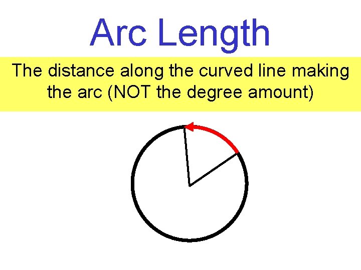 Arc Length The distance along the curved line making the arc (NOT the degree