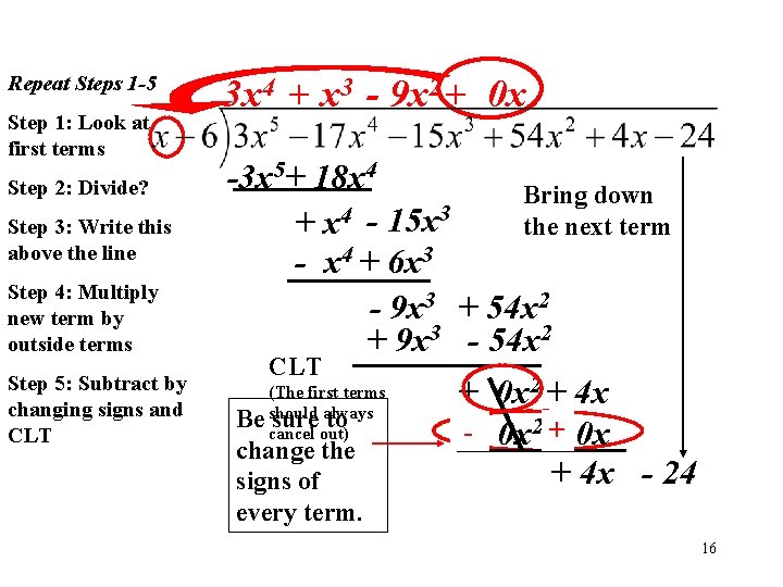 Repeat Steps 1 -5 Step 1: Look at first terms Step 2: Divide? Step