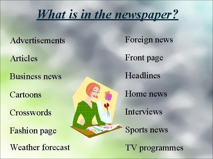 What is in the newspaper? Advertisements Foreign news Articles Front page Business news Headlines