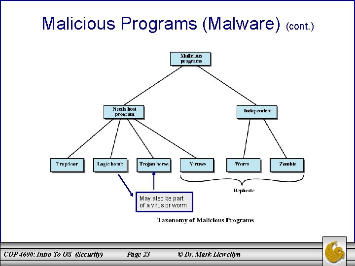 Malicious Programs (Malware) (cont. ) May also be part of a virus or worm