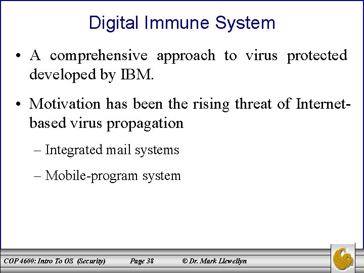 Digital Immune System • A comprehensive approach to virus protected developed by IBM. •