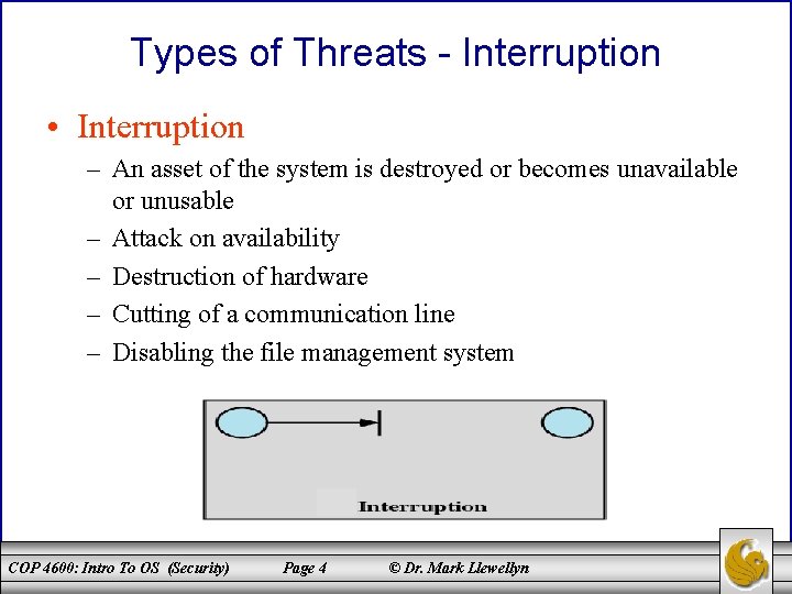 Types of Threats - Interruption • Interruption – An asset of the system is