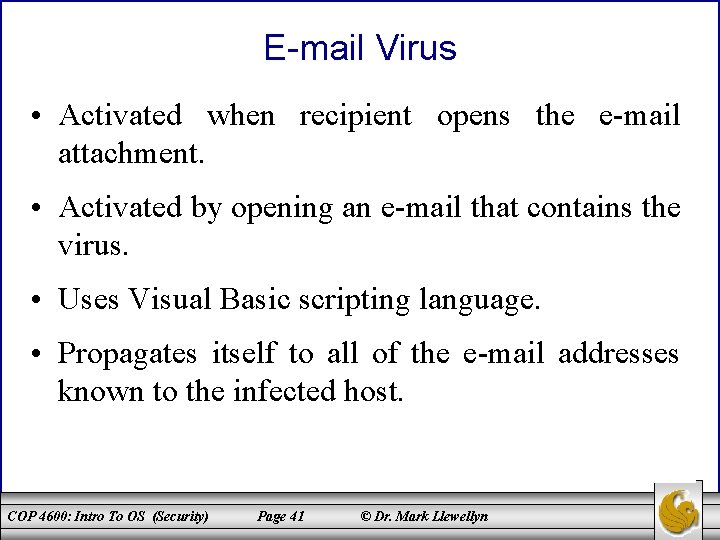 E-mail Virus • Activated when recipient opens the e-mail attachment. • Activated by opening