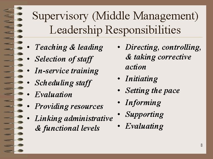 Supervisory (Middle Management) Leadership Responsibilities • • Teaching & leading Selection of staff In-service