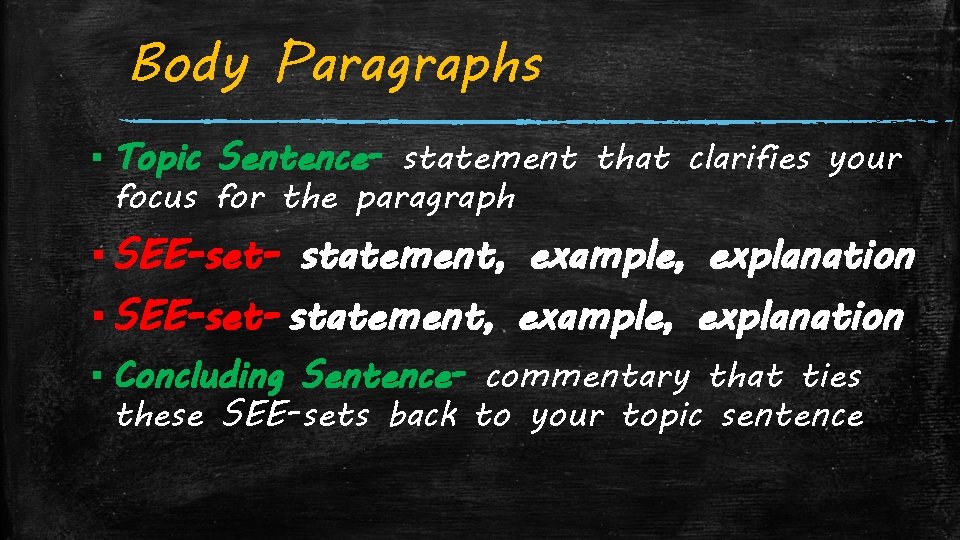 Body Paragraphs ▪ Topic Sentence- statement that clarifies your focus for the paragraph ▪