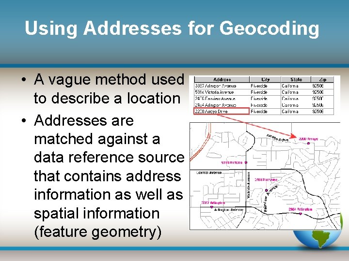 Using Addresses for Geocoding • A vague method used to describe a location •