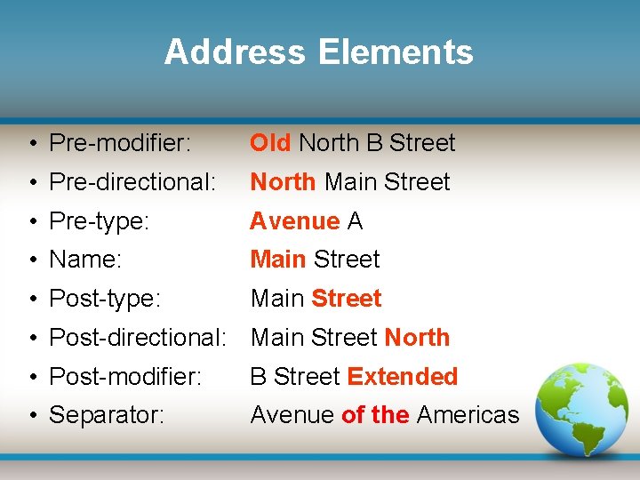 Address Elements • Pre-modifier: Old North B Street • Pre-directional: North Main Street •