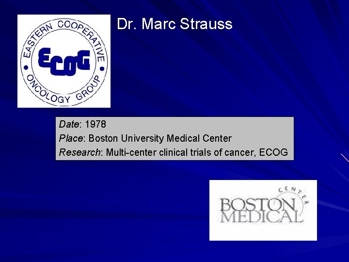 Dr. Marc Strauss Date: 1978 Place: Boston University Medical Center Research: Multi-center clinical trials Dr. Marc Strauss Date: 1978 Place: Boston University Medical Center Research: Multi-center clinical trials