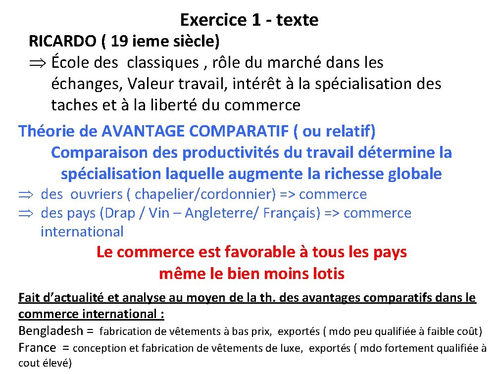 Exercice 1 - texte RICARDO ( 19 ieme siècle) École des classiques , rôle