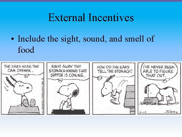 External Incentives • Include the sight, sound, and smell of food 