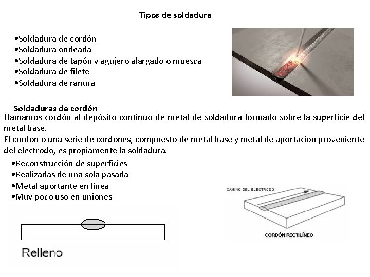 Tipos de soldadura • Soldadura de cordón • Soldadura ondeada • Soldadura de tapón