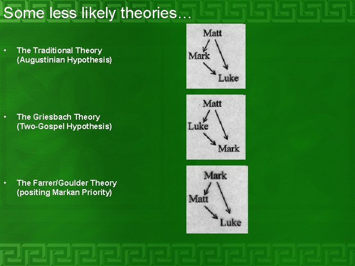 Some less likely theories… • The Traditional Theory (Augustinian Hypothesis) • The Griesbach Theory