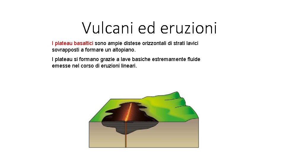 Vulcani ed eruzioni I plateau basaltici sono ampie distese orizzontali di strati lavici sovrapposti