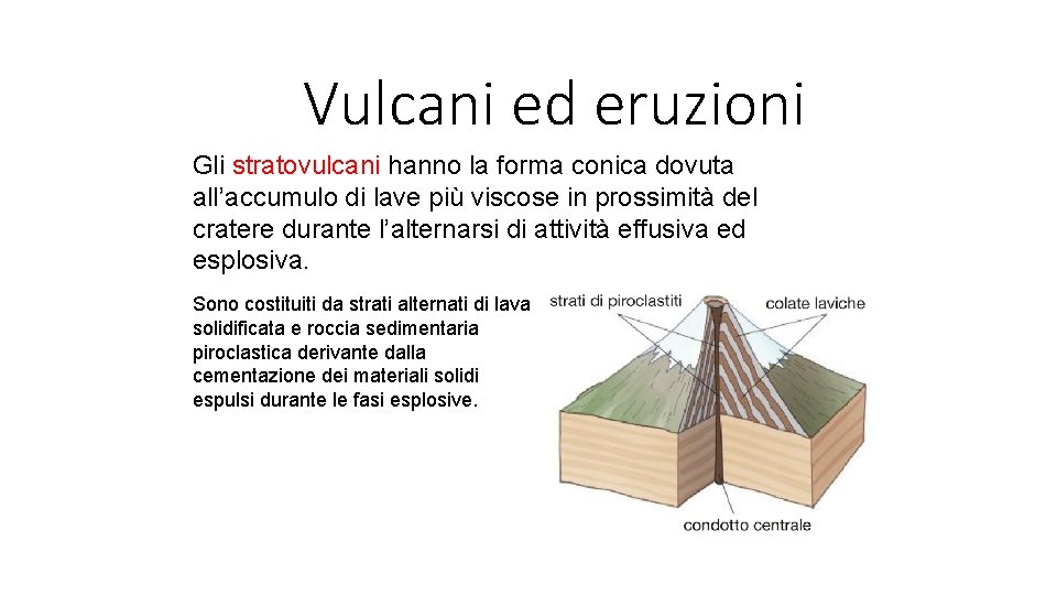 Vulcani ed eruzioni Gli stratovulcani hanno la forma conica dovuta all’accumulo di lave più