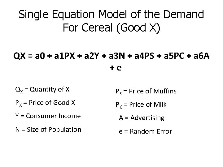 Single Equation Model of the Demand For Cereal (Good X) QX = a 0