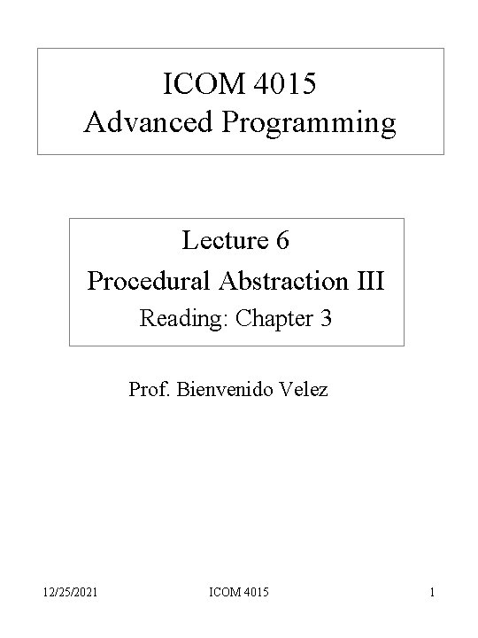 ICOM 4015 Advanced Programming Lecture 6 Procedural Abstraction III Reading: Chapter 3 Prof. Bienvenido
