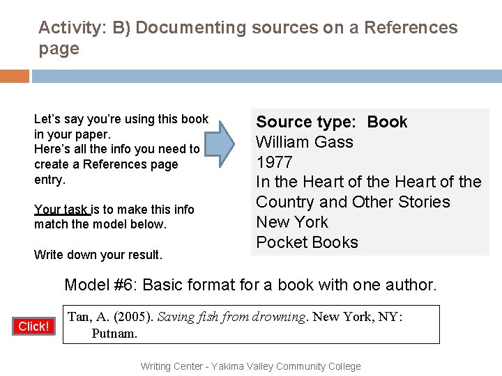 Activity: B) Documenting sources on a References page Let’s say you’re using this book