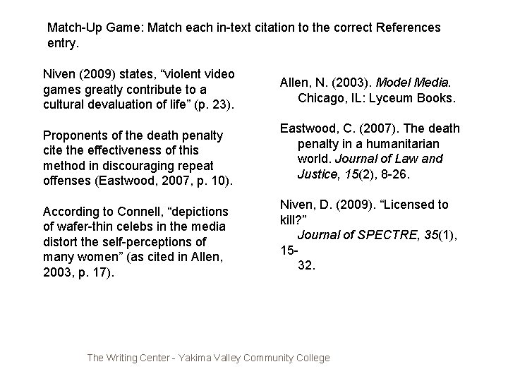 Match-Up Game: Match each in-text citation to the correct References entry. Niven (2009) states,