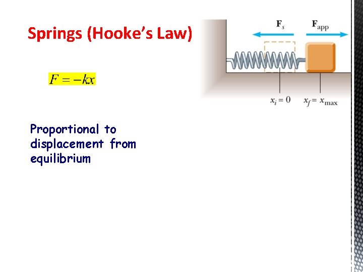 Springs (Hooke’s Law) Proportional to displacement from equilibrium 