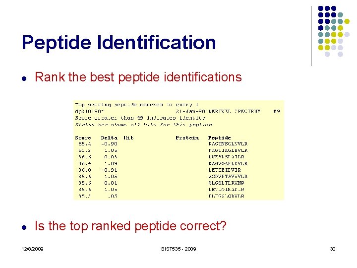 Peptide Identification l Rank the best peptide identifications l Is the top ranked peptide