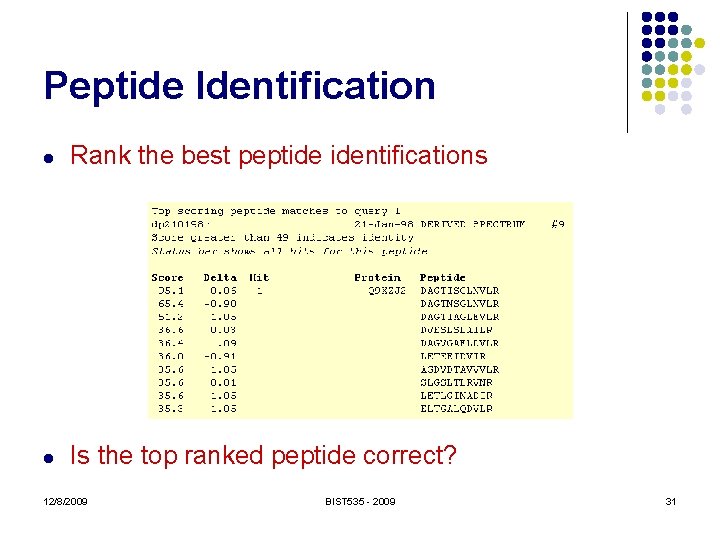 Peptide Identification l Rank the best peptide identifications l Is the top ranked peptide