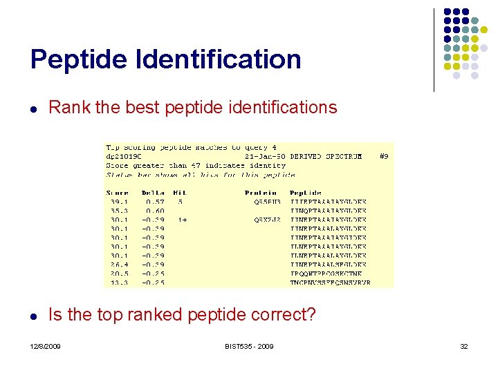 Peptide Identification l Rank the best peptide identifications l Is the top ranked peptide